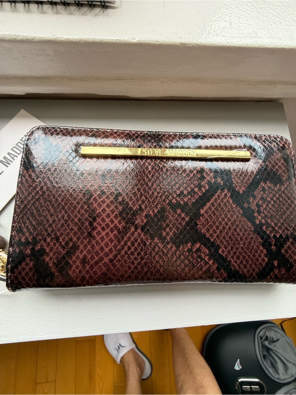 Steve Madden Burgundy Snake-Print Zip Clutch with Gold Accent